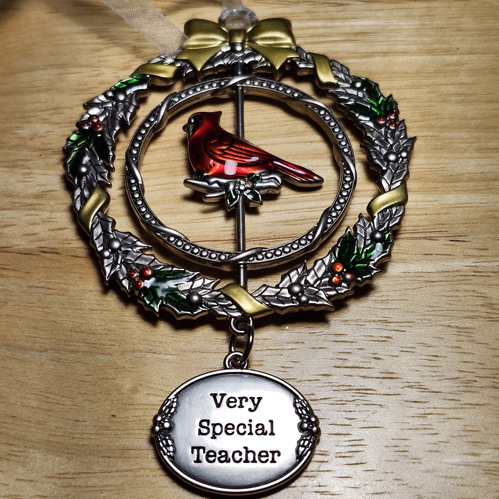 Ganz metal cardinal ornament with a "Very Special Teacher" charm. 